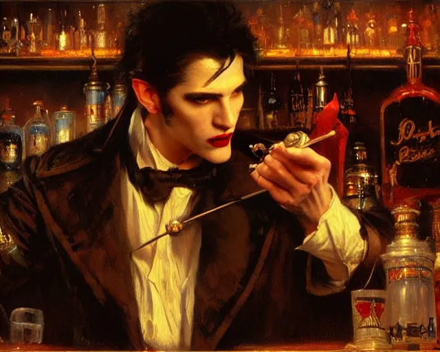 Prompt: attractive male vampire who is a russian immigrant in the new york city working as a bartender in a rock bar highly detailed painting by gaston bussiere, craig mullins, j. c. leyendecker 8 k