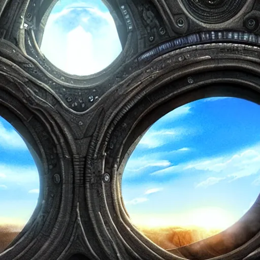 Image similar to stargate made of stone that form a circle, cinematic view, epic sky by android jones