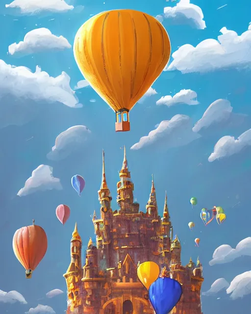 Prompt: flying cloud castle, buildings, baloons, machines, bright, blue sky, mountains, colorful, cinematic lighting, fantasy, high detail, illustration, masterpiece, artstation, 4 k, art by wylie beckert