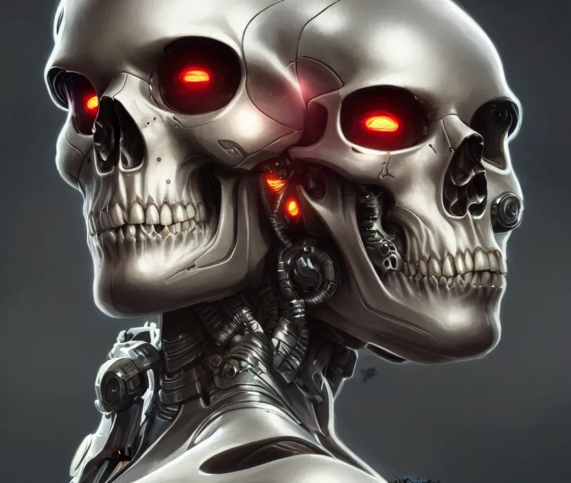 Prompt: Cyborg skull portrait, front view, sci-fi, highly detailed, digital painting, artstation, concept art, smooth, sharp focus, illustration, art by artgerm and greg rutkowski and alphonse mucha