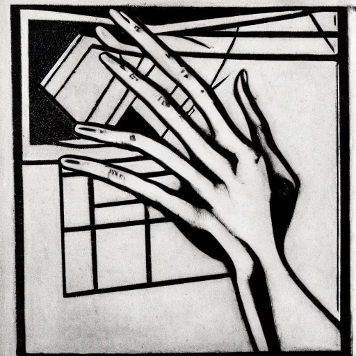 Image similar to a hand, white background, black and white, woodcut, beardsley, aubrey, crepax, guido, moholy - nagy, laszlo, bauhaus, walter gropius, josef albers, oskar schlemmer