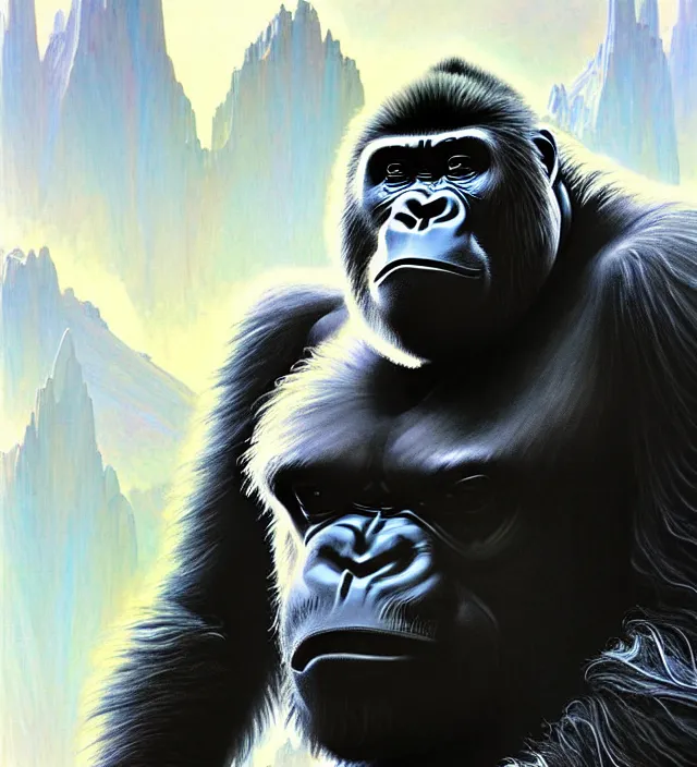 Image similar to a highly detailed science-fiction character portrait of a serious gorilla wearing a white armored space suit, intricate, wild, digital painting, artstation, concept art, smooth, sharp focus, illustration, art by artgerm and greg rutkowski and alphonse mucha, Art Nouveau