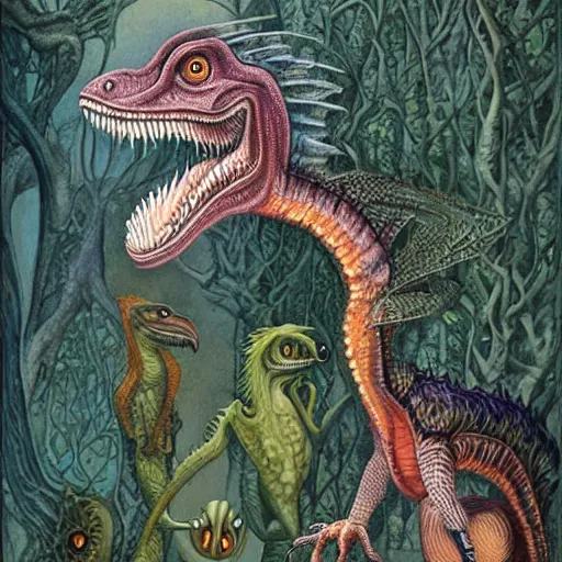 Prompt: portrait of velociraptor,, artwork by Daniel Merriam,