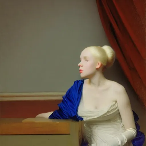 Image similar to a young woman's face, her hair is white and she wears a cobalt blue satin cloak, by ivan aivazovsky and syd mead and moebius and gaston bussiere and roger dean and pieter claesz and paul delaroche and alma tadema and willem claesz and gerard ter borch, hyperrealistic, volumetric light