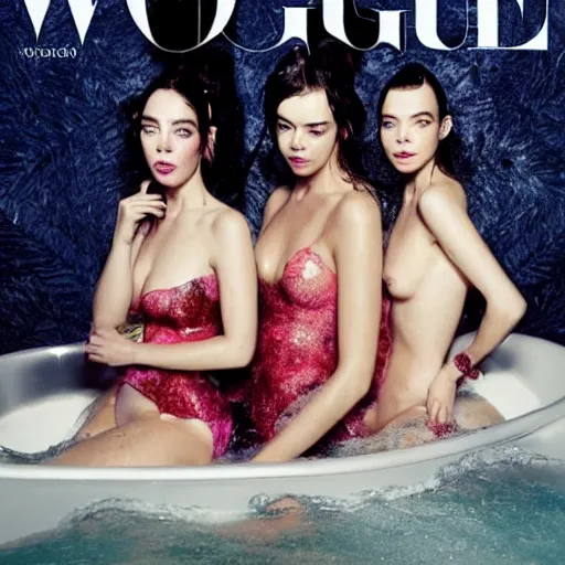 Image similar to stunning vogue magazine photo of dark - haired goddesses vanessa kirby, hailee steinfeld, and bjork smiling, legs intertwined, in a bubble bath, with wet faces!!, wet lips, smooth skin, perfect eyes, insanely detailed, elegant, by wlop, rutkowski, livia prima, mucha, wlop,