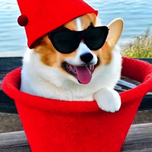 Prompt: a corgi with a red hat and sun glasses