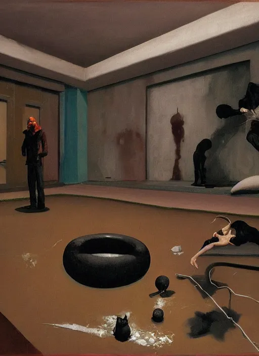 Prompt: two dark figures laughing and a black dog inside a decayed contemporary with spherical people and Oxygen tanks at flooded living room Edward Hopper and James Gilleard, Zdzislaw Beksinski, open ceiling, highly detailed, painted by Francis Bacon, painted by James Gilleard, surrealism, airbrush, Ilya Kuvshinov, WLOP, Stanley Artgerm, very coherent, art by Takato Yamamoto and James Jean