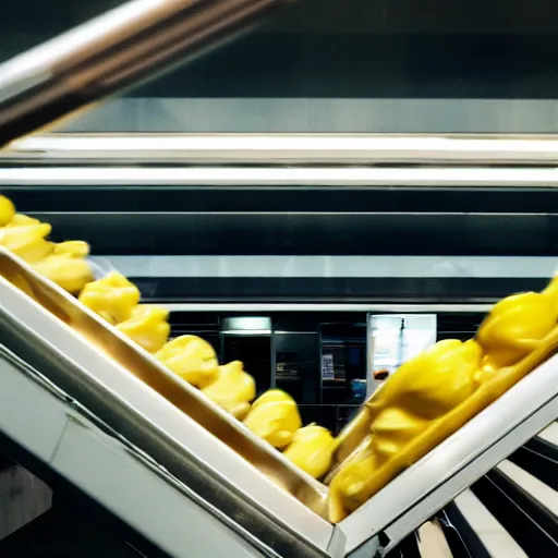 Prompt: a jar of mayonnaise on an escalator. close - up on the jar of mayonnaise. photorealistic, 8 k