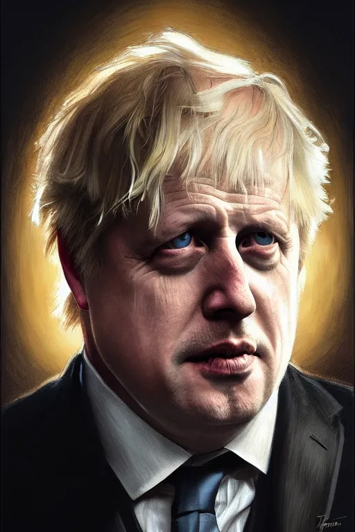 Image similar to Boris Johnson as Vito Corleone, realistic portrait, symmetrical, highly detailed, digital painting, artstation, concept art, smooth, sharp focus, illustration, cinematic lighting, art by artgerm and greg rutkowski and alphonse mucha