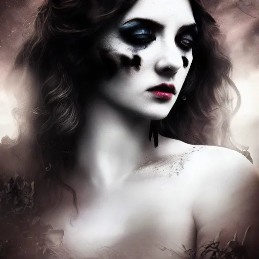 Image similar to the dark goddess of eternal night, beautiful, 8k, ethereal, cinematic, unearthly, moody, atmospheric, gothic, portrait, photomanipulation