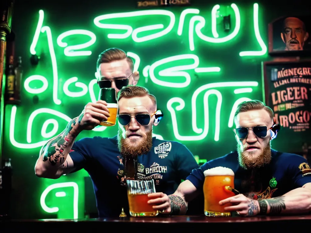 Image similar to a well framed portrait of conor mcgregor drinking a beer in an irish pub with a neon bar, laser lighting, trending on art station, in the style of the movie heat with al pacino, volumetric lighting & shadows, hyper detailed, digital art, unreal engine, 4 0 0 mm f 1. 8,