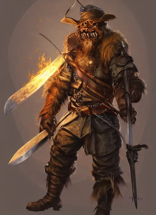 Image similar to photorealistic bugbear ranger holding sword on fire, magic, black beard, dungeons and dragons, pathfinder, roleplaying game art, hunters gear, jeweled ornate leather and steel armour, concept art, character design on white background, by sargent, norman rockwell, makoto shinkai, kim jung giu, artstation trending, poster art, colours red