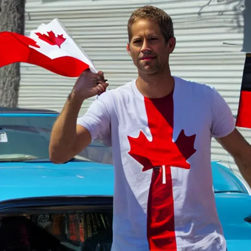 Image similar to Paul Walker waving a Canadian flag, painting