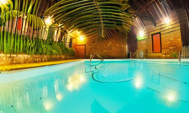 Image similar to indoor pool with ferns and palm trees at night, shops, pool tubes, chromatic abberation, dramatic lighting, dim lighting, horror lighting, depth of field, 80s photo, wideangle, fisheye