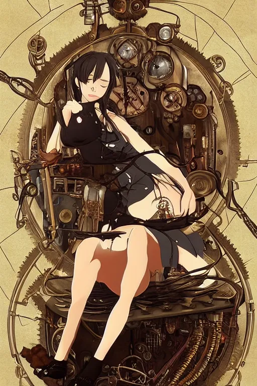Image similar to anime style illustration, old sick dragon on a steam punk fainting couch with wires and gears and steam punk apparatus, artstation, matte painting, style of studio ghibli and huang guangjian and gil elvgren and sachin teng, featured in artstation and artgerm and pixiv, award winning, cinematic, elegant, intricate, 8 k