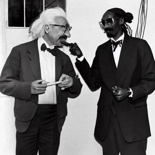 Prompt: Albert Einstein and Snoop Dogg discussing physics and smoking blunts