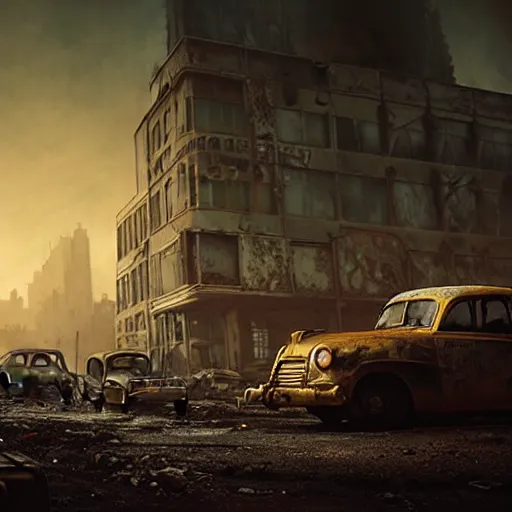 Image similar to fallout 5, ruined city environment, low density urban zone, rusted vintage cars and trucks mysterious atmospheric lighting, matte painting, intricate, iridescent, volumetric lighting, beautiful, rich deep colours masterpiece, fog golden hour, golden ratio, sharp focus, ultra detailed, by leesha hannigan, ross tran, thierry doizon, kai carpenter, ignacio fernandez rios