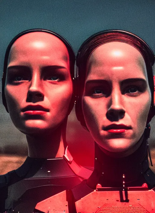 Image similar to cinestill 5 0 d photographic portrait of two loving female androids wearing rugged black techwear on a desolate plain with a brutalist monument and a red sky, extreme closeup, cyberpunk style, dust storm, 8 k, hd, high resolution, 3 5 mm, f / 3 2, ultra realistic faces, ex machina