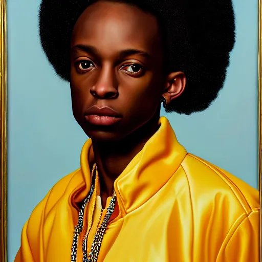 Image similar to A portrait of a scrawny stylish and alluring non-binary person, oil painting by Kehinde Wiley, majestic, detailed, high resolution