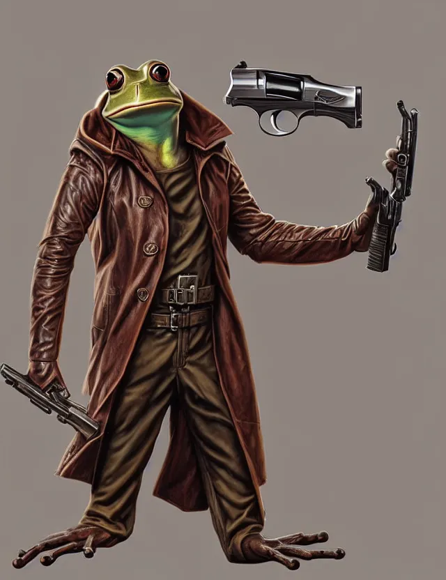 Image similar to anthropomorphic bipedal frog that is wearing a brown leather trenchcoat, and dual wielding revolver pistols, as a matte oil painting and d & d character art, by alex grey, retrofuturistic, science fantasy, standing, fullbody, concept art, award - winning, extremely detailed, sharp focus