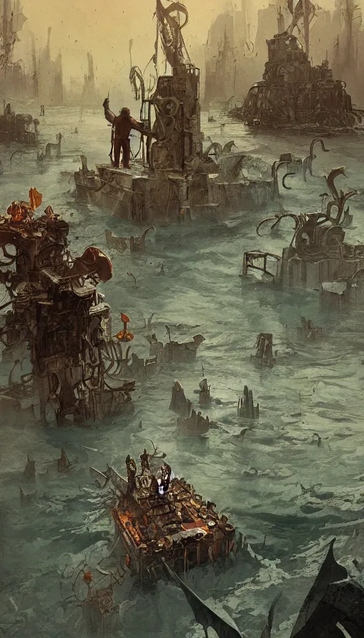 Image similar to man on boat crossing a body of water in hell with creatures in the water, sea of souls, by ian mcque