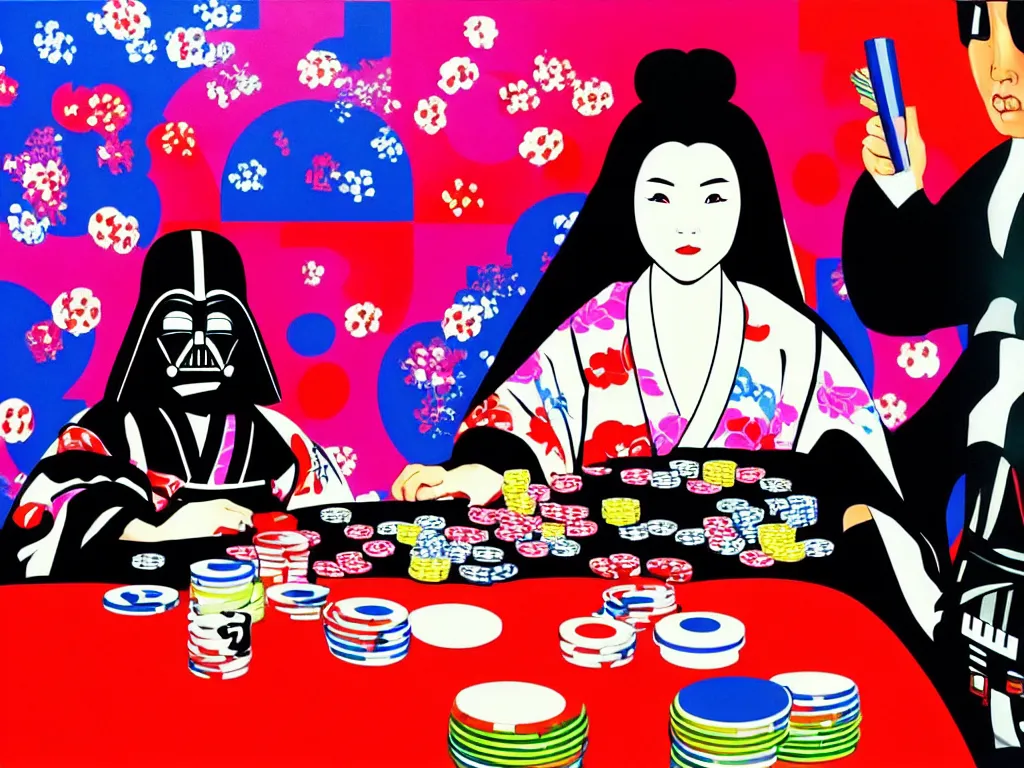 Prompt: hyperrealistic composition of the woman in a japanese kimono sitting at a poker table with darth vader, fireworks, mount fuji on the background, pop - art style, jacky tsai style, andy warhol style, acrylic on canvas