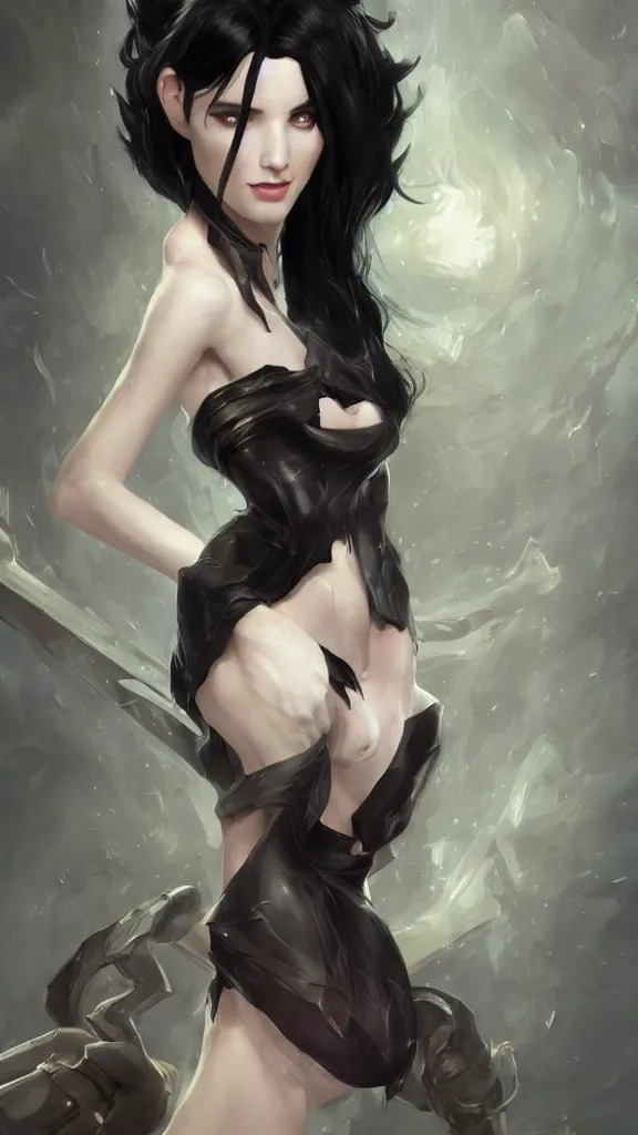 Image similar to tall woman with black hair and pale skin, from league of legends, as human, au naturel, hyper detailed, digital art, trending in artstation, cinematic lighting, studio quality, smooth render, unreal engine 5 rendered, octane rendered, art style by klimt and nixeu and ian sprigger and wlop and krenz cushart!