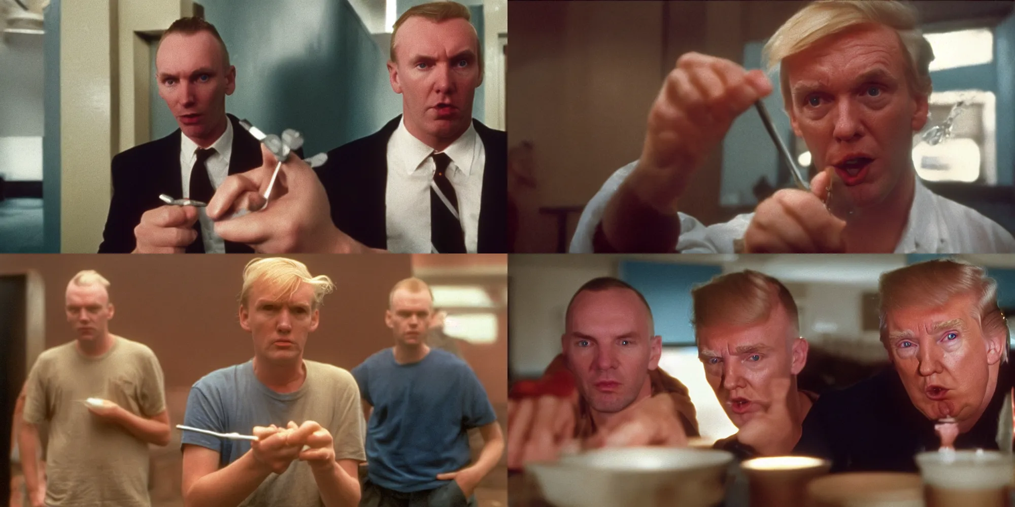 Prompt: movie still of donald trump in trainspotting ( 1 9 9 6 ) using heroin with a needle and spoon, dirty, ektachrome photograph, volumetric lighting, f 8 aperture, cinematic eastman 5 3 8 4 film