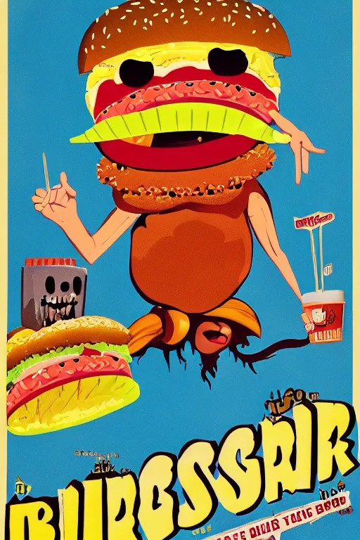 Prompt: burger monster, vintage kids horror movie poster