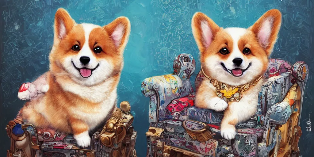 Prompt: highly detailed painting of a cute fluffy graffiti hiphop corgi king chilling on his throne, by Anna Dittmann and Hikari Shimoda , trending on Artstation, 8k, masterpiece, intricate detail