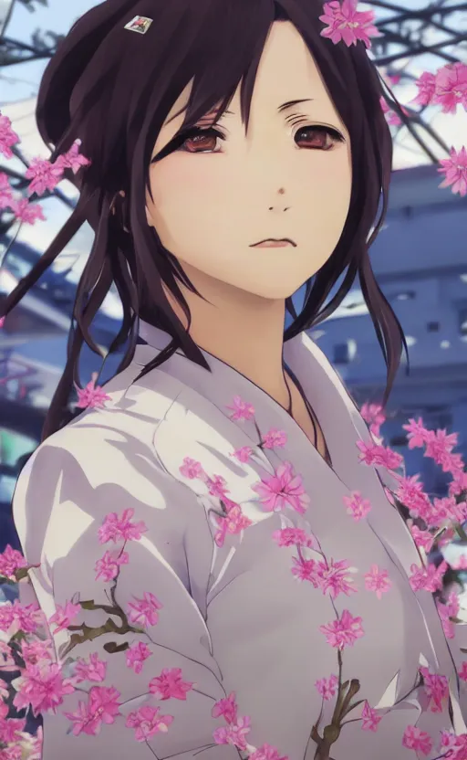 Prompt: anime style, gta 5, portrait of girl, yukata clothing, sakura tree in background, short hair, hair down, symmetrical facial features, from arknights, hyper realistic, happy face, extreme detail, 4 k drawing, safebooru, realistic lighting, by alphonse mucha, greg rutkowski, sharp focus, backlit