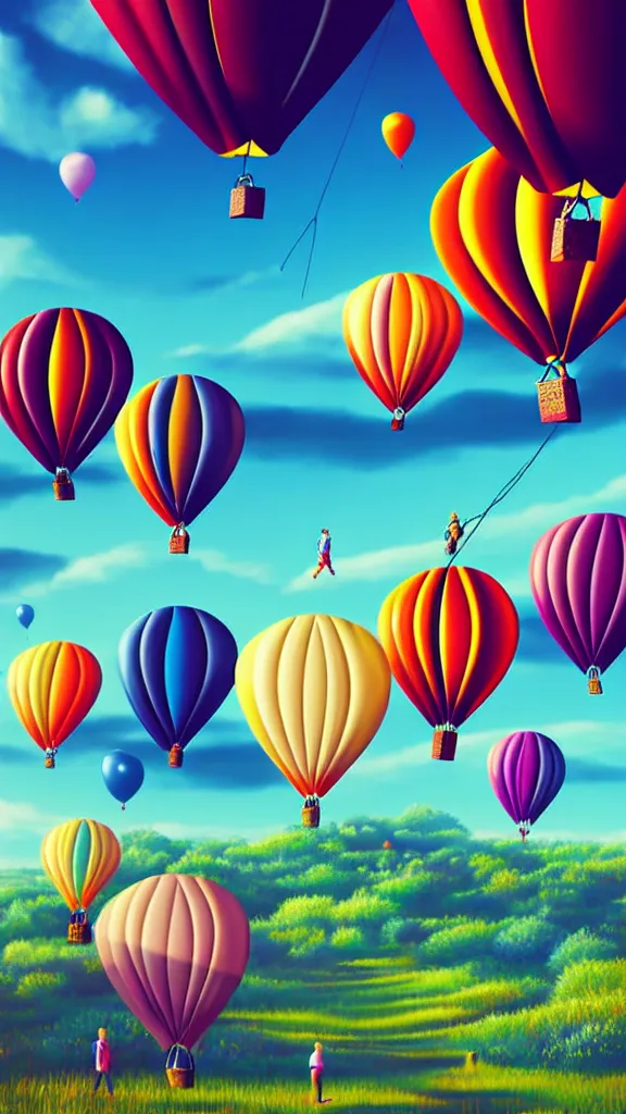 Prompt: large colorful balloons with people on rope swings underneath, flying high over the beautiful countryside landscape, professional painting, realistic, detailed, digital art, unreal engine