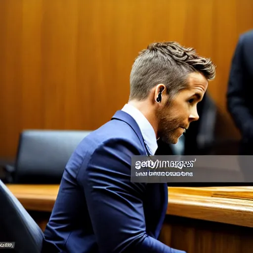 Image similar to news photo of ryan reynolds in courtroom on trial, lawyer sitting beside him, highly detailed, extremely high quality, hd, 4 k, 8 k, professional photographer, 4 0 mp, lifelike, top - rated, award winning, realistic, detailed lighting, detailed shadows, sharp, no blur, edited, corrected, trending