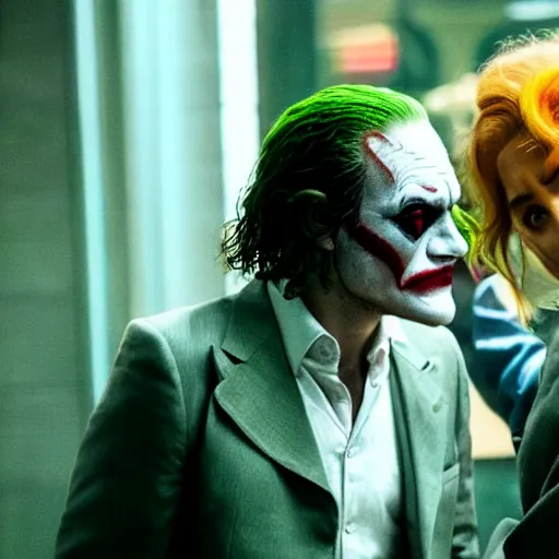 Prompt: ultra realistic stealth candid photograph from joaquin phoenix with lady gaga in new joker movie footage's, intricate details, photorealistic