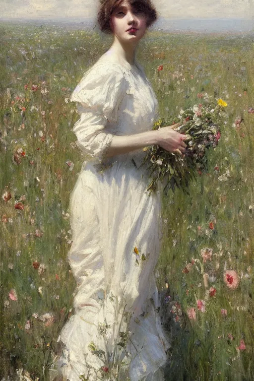 Image similar to Richard Schmid and Jeremy Lipking full length portrait painting of a young beautiful edwardian girl walking through a field of flowers with hands behind her back