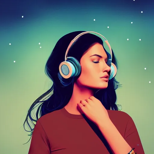 Prompt: an illustration of a beautiful woman listening to music with headphones by Alex Flores, highly detailed, digital art, trending on artstation