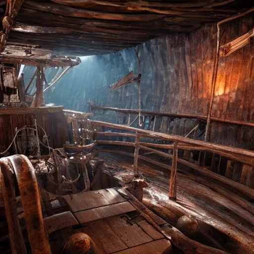 Image similar to interior of a shipwrecked pirate ship, stunning atmosphere, high octane, cinematic lighting 4 k - - aspect