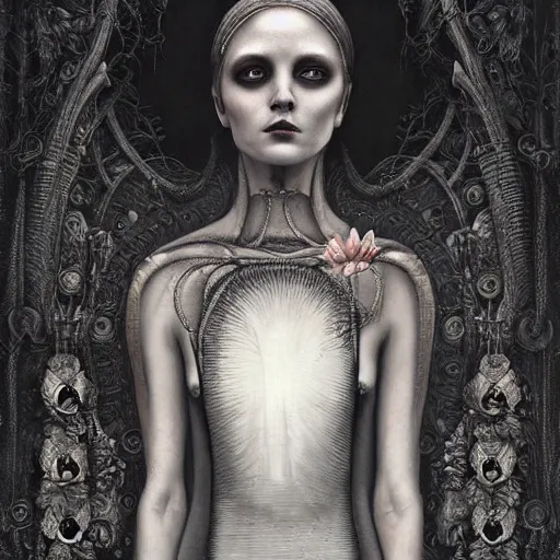 Prompt: By Tom Bagshaw and Giger, ultra realist soft painting of a flower field by night, long dress female, horror, omnious sky, symmetry accurate features, very intricate details, black and white, volumetric light clouds