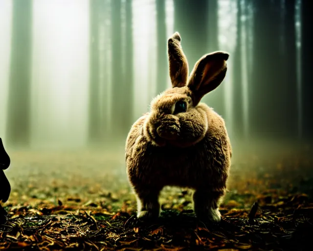 Image similar to a lomography photo of rumble between two humanoid with rabbit head in foggy forest this morning, bokeh,