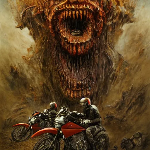 Prompt: motorbikers race in hell, horror art, by beksinski, szukalski, giger, pyromallis, dzo, iris compiet, seb mckinnon, digital art, highly detailed, intricate, sharp focus, trending on artstation hq, deviantart, pinterest, unreal engine 5, 4 k uhd image