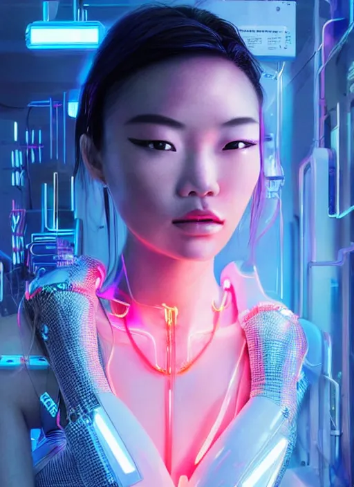 Image similar to an asian female humanoid with freckled cheeks, cyber neon lighting, futurism, intricate futuristic led lit jewelry, cyberpunk glossy white latex swimwear, profile posing, hyper photorealistic, crispy quality, digital photography, trending in artstation, trending in pinterest, cinematic, 4 k ultra hd, art by pascal blanche, art by greg rutkowski,