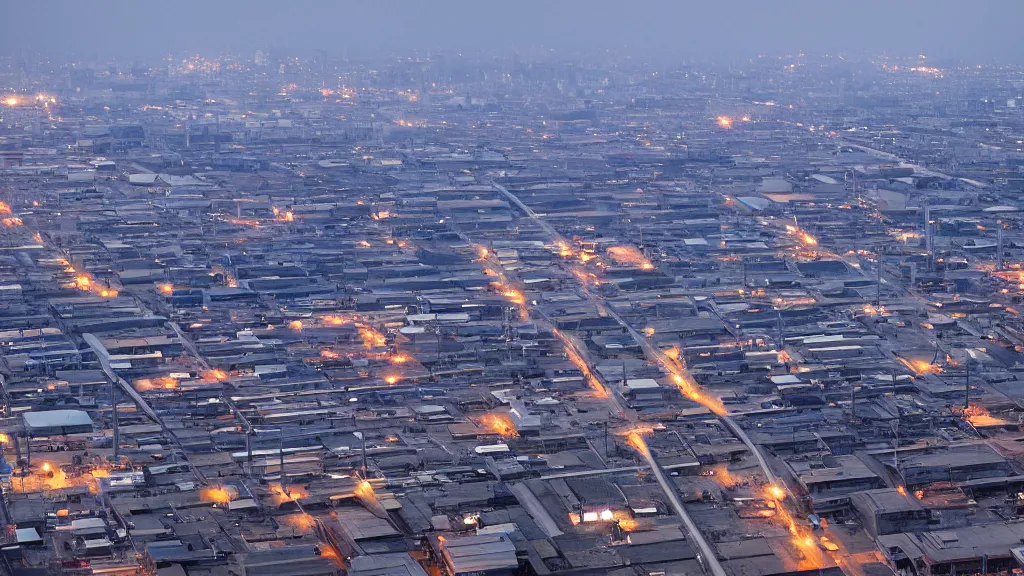 Image similar to High angle shot of a vast industrial area. Smoke rises in the air. It is nighttime. Buildings are visible in the background.
