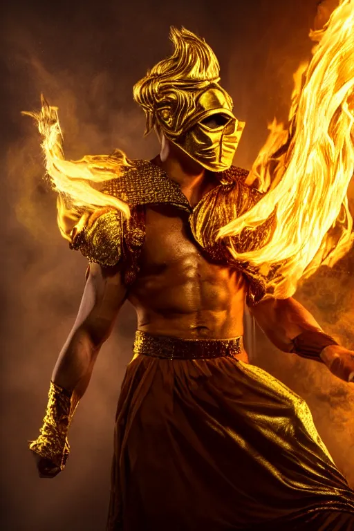 Image similar to A man wearing golden mask, hair like fire, muscular, in dark soul