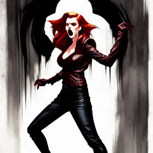 Image similar to rafael albuquerque comic art, peter mohrbacher, steve niles, artgerm, pretty scarlett johansson vampire sharp vampire teeth open mouth, symmetrical eyes, black leather jacket, jeans, long blonde hair