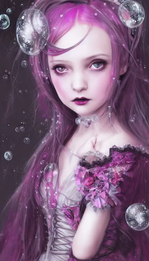 Image similar to gothic lolita girl portrait, dreamy and ethereal, expressive pose, big eyes, tender expression, exciting, fantasy, intricate, elegant, many rainbow bubbles, pink tones, purple, black very detailed, digital painting, artstation, concept art, cyberpunk wearing, soft, sharp focus, illustration, art by artgerm and greg rutkowskiand alphonse much