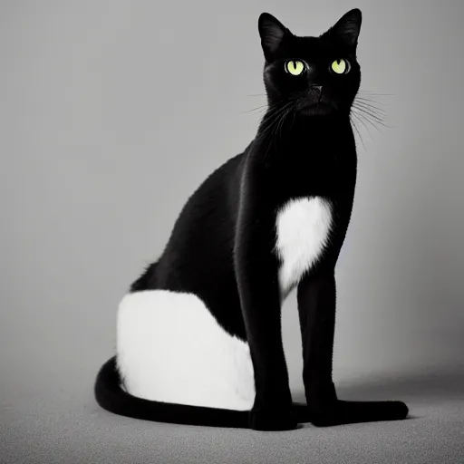 Image similar to national geographic photograph of a sleek black cat sitting in a white room