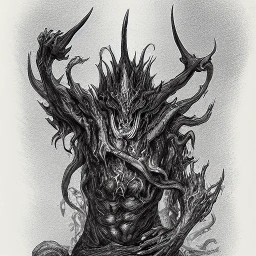 Image similar to full body grayscale drawing by Gustave Dore and Anato Finnstark of horned humanoid demon, engulfed in swirling flames