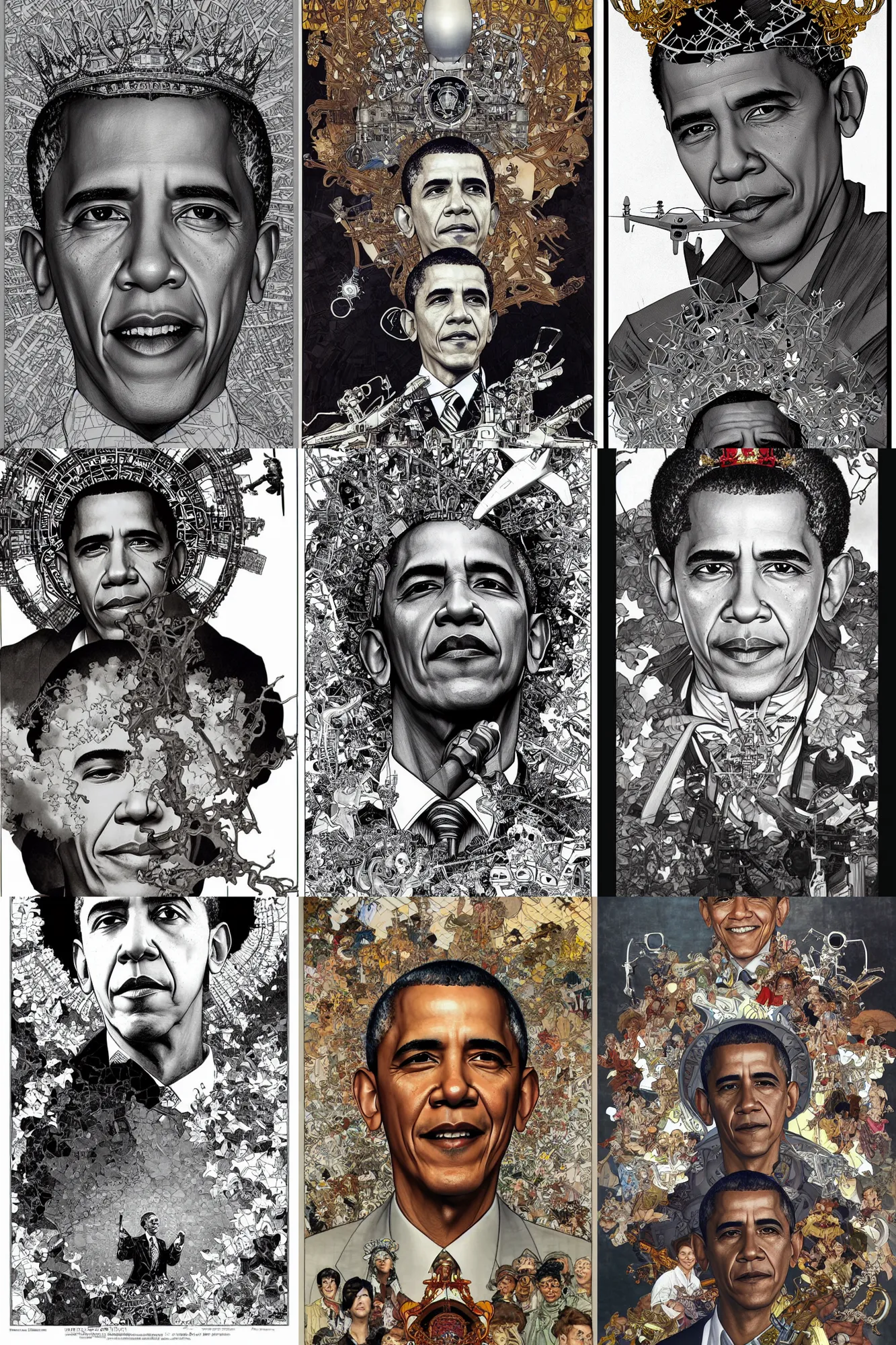 Prompt: highly detailed manga line art portrait of Barack Obama in a crown with a white MQ-1 Predator Drone flying in the background, by Stanley Artgerm Lau, greg rutkowski, thomas kindkade, alphonse mucha, loish, norman rockwell J.