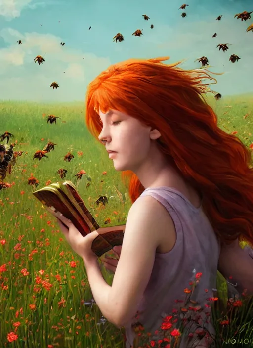 Image similar to An epic fantasy comic book style portrait painting of a young red headed girl reading a book in a field of flowers surrounded by bees, unreal 5, DAZ, hyperrealistic, octane render, cosplay, RPG portrait, dynamic lighting