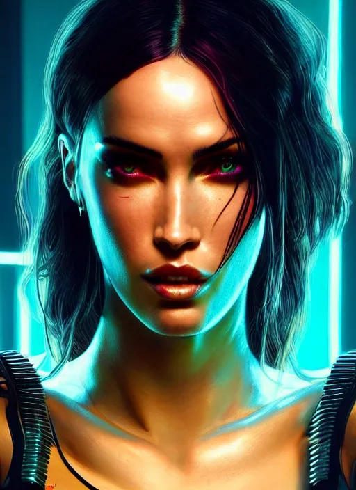 Prompt: portrait of cyberpunk 2 0 7 7 megan fox, intricate, elegant, glowing lights, highly detailed, digital painting, artstation, glamor pose, concept art, smooth, sharp focus, illustration, art by artgerm and greg rutkowski, artey freytag